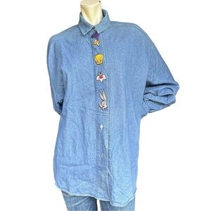 Vintage 90s Looney Tunes Tweety Bugs Bunny Pepe La Pew Roadrunner Denim Shirt